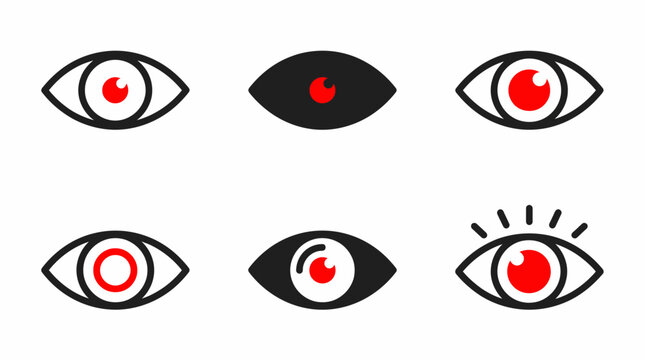 Set of red eye icons with various styles of eyelashes and pupils, isolated on transparent background.
