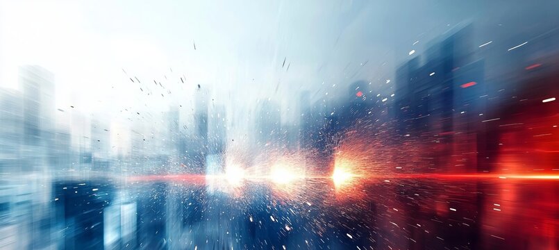 Futuristic Industrial Abstract Background Featuring Sparks, Welding Effects, and Cityscape Blur