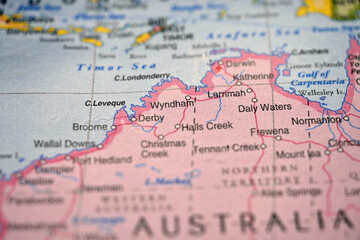 Wyndham Kimberley Gateway on Soft Blurred Northern Australia Map Background with Defocused Coastal Outback Location View © BlueMistFilmStudios