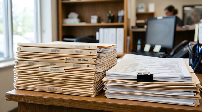 Large stacks of manila file folders and paper documents on an office desk