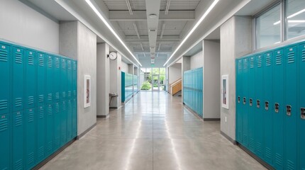 Fototapeta premium Empty modern school hallway with rows of teal lockers and bright ceiling lights in a clean architectural interior space concept