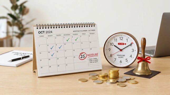 Deadline reminder concept with clock, calendar, coins and bell on light background for business time management and financial planning template