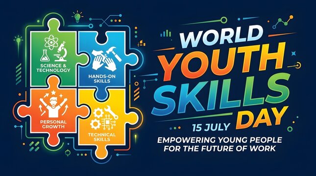 Web banner design for World Youth Skills Day highlighting global career training