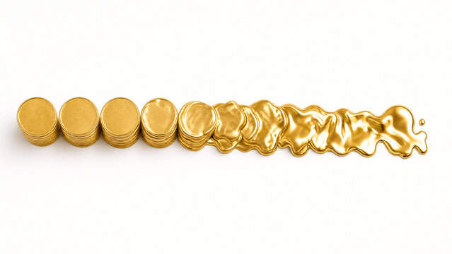 Top-down view of a neat stack of gold coins becoming progressively melted and distorted.