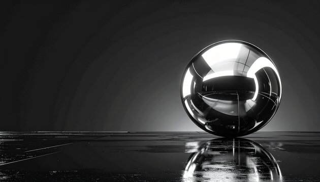 A shiny metallic sphere reflects light on a dark surface indoors.