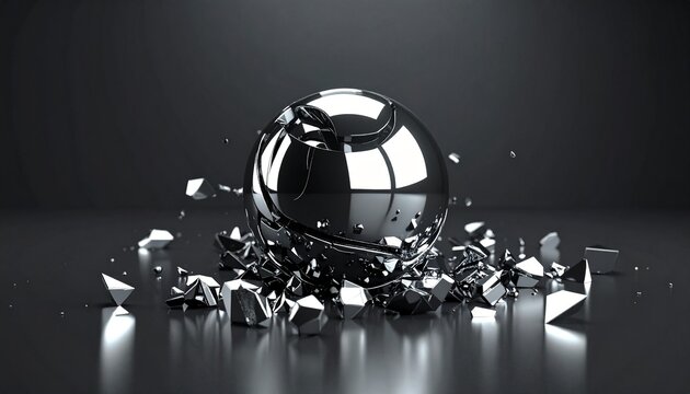 Shattered metallic sphere explodes into fragments on dark surface indoors