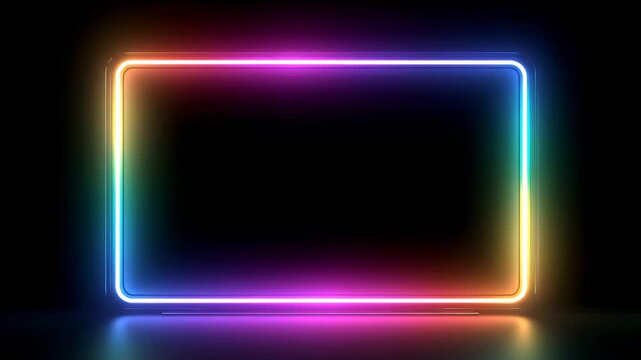 Colorful neon light border frame loop, rainbow glowing rectangular edge screen with reflection on dark background 