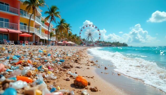 Dirty beach sand covered in colorful plastic debris near blue ocean waves. Coastal resort with buildings and Ferris wheel in background. Environmental pollution concept.