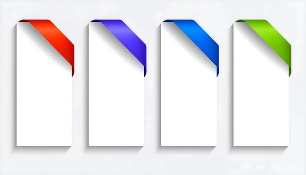 Four blank vertical white rectangles with colorful corner ribbon accents