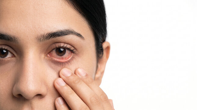 young indian woman with irritated red eye in close up healthcare portrait representing eye allergy conjunctivitis dry eye syndrome and ophthalmology awareness