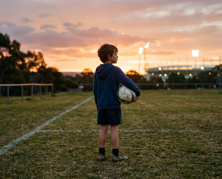 Young boy with soccer ball on a grassy field at sunset for sports background and youth training banner