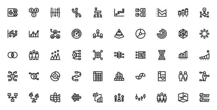 Infographics elements icon set. Minimal vector icons pack. Includes symbols for audience, chart, diagram, hierarchy, pie, flow, mind map and more. Editable vector stroke.