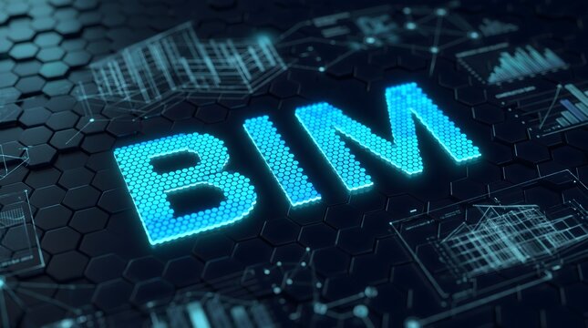 Building Information Modeling BIM glowing blue text on dark hexagonal background with wireframe blueprints