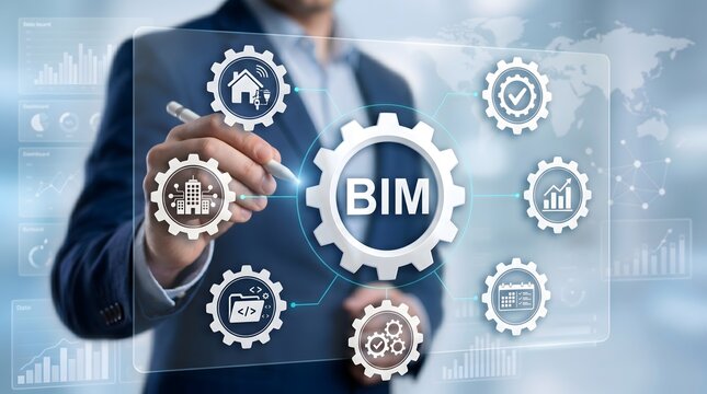 Man interacts with BIM interface, showing building, code, and data icons