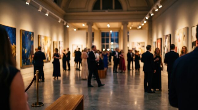 Art gallery exhibition gala blurred crowd formal attire opening night luxury museum social event bokeh background reception