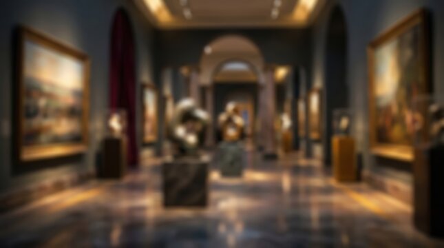 Art gallery museum interior hall exhibition blurred background luxury paintings sculptures architecture museum lobby showcase culture