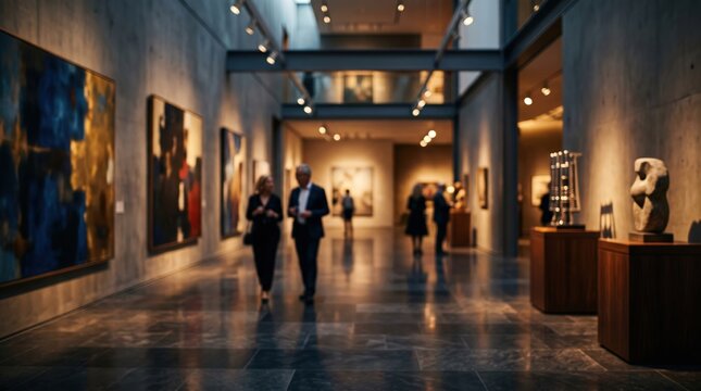 Art gallery museum interior blurred people walking exhibition hall modern culture space contemporary paintings sculpture hall fine art showcase