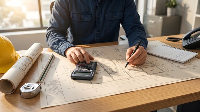 Architect reviewing blueprints with calculator and yellow hard hat