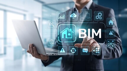 Obraz premium Man in suit using laptop with BIM interface and icons