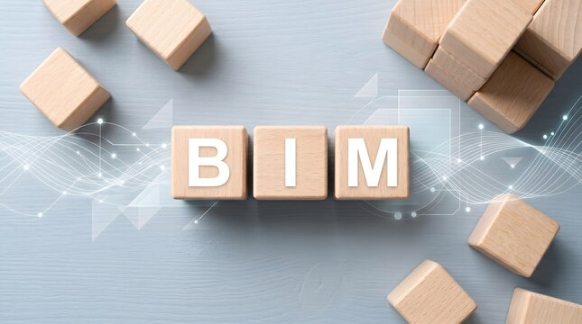 BIM text on wooden blocks with digital network overlay