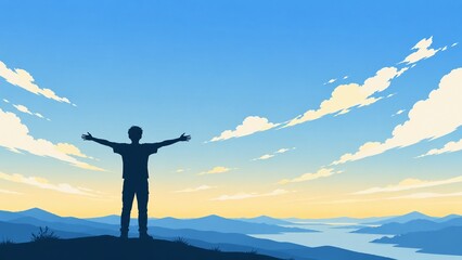 Fototapeta premium Silhouette of a man with outstretched arms standing on a hill, embracing freedom and success against a scenic sunset landscape with mountains and a river.