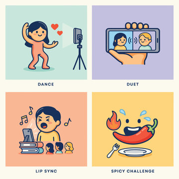Cartoon of four tik tok dance challenge activities: dancing alone, duet, lip syncing, and spicy challenge
