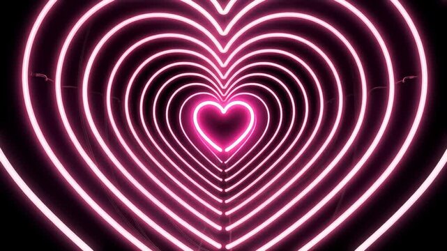 Pink neon heart tunnel loop, glowing romantic light corridor flying through multi layered hearts on black background 
