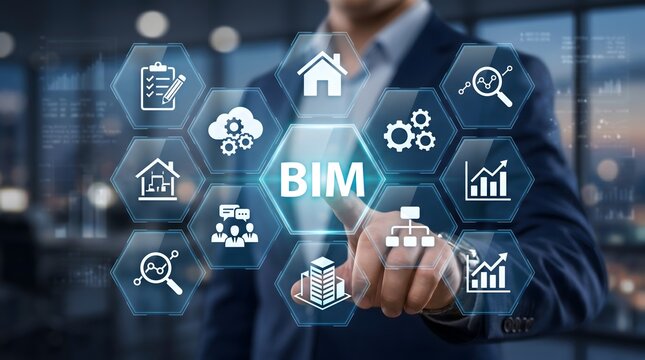Businessman touching BIM building information modeling interface with icons