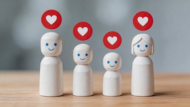 Wooden family figures with smiling faces and red heart icons above heads, representing love, happiness, unity, parenting and strong family bonds relationship concept