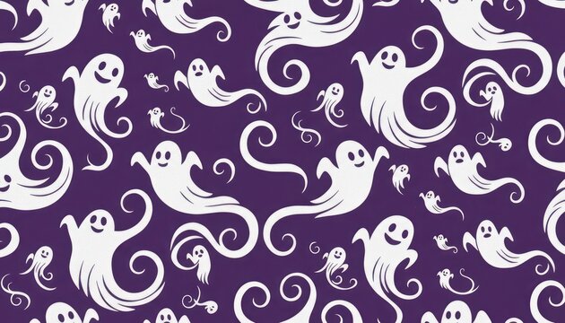 Spooky ghost pattern on purple background, Halloween seamless wallpaper texture, cute white spirits repeat design