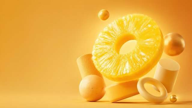 パイナップルの断面と明るい黄色の3D構成 / Sliced pineapple with bright yellow 3D composition (Generative AI)