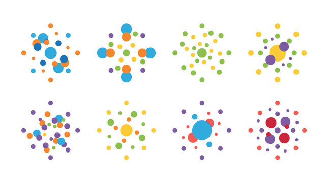 Set of abstract colorful circular patterns and geometric dot elements for modern design.