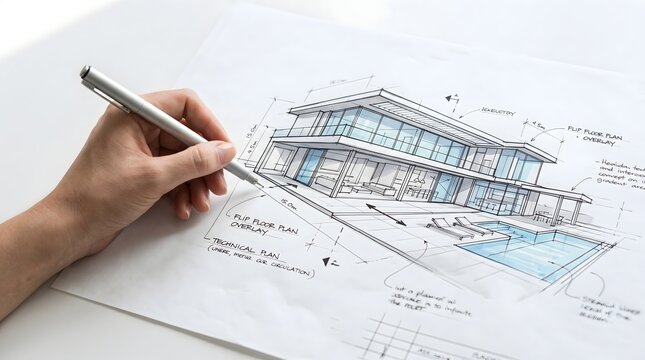Architect drawing a modern house with pool and lounge chairs