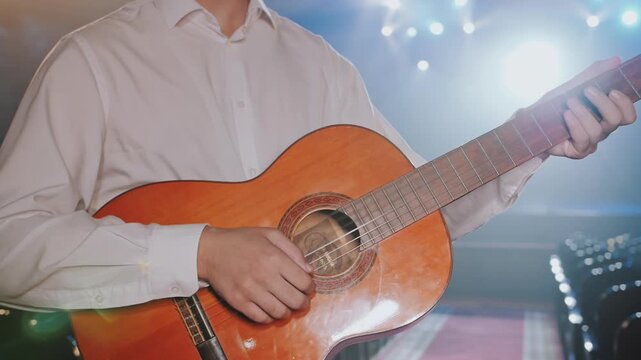 Musician with Guitar in Empty Auditorium. Cultural Decline Concept