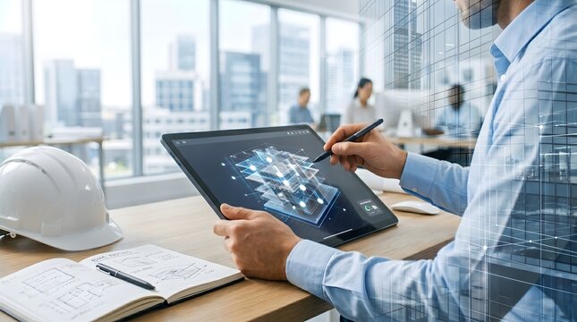 Architect uses stylus on tablet displaying 3D building model over office background