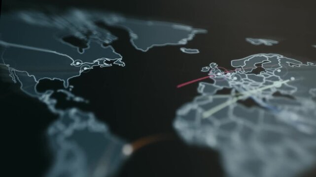Cyber defense monitoring map with active threat signals