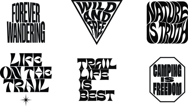 Set of adventure and nature inspired typography slogans and emblems for camping and outdoor lifestyle graphic design isolated on white background, Vector, illustration