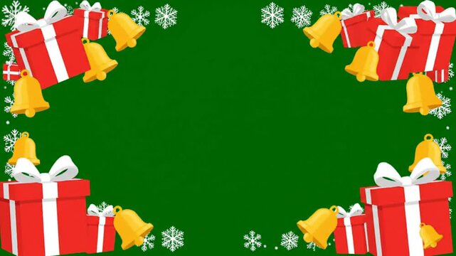 Festive christmas border with red gift boxes golden bells and snowflakes on a green background animated motion graphic