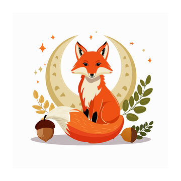 Cute fox illustration with moon and autumn leaves