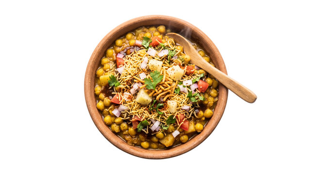 Traditional Indian street food ghugni chaat topped with crunchy sev, chopped onions, tomatoes, and fresh coriander served in a clay bowl with a wooden spoon isolated on a transparent background 