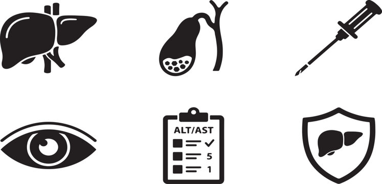 Hepatology and Liver Health Icon Set, Gallbladder Gallstones Vector Black and White Minimalist Jaundice Diagnostics Icons