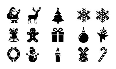 Christmas Icons Set: Santa, Reindeer, Tree, Snowflakes, Gifts, Ornaments, Festive Symbols © Samia