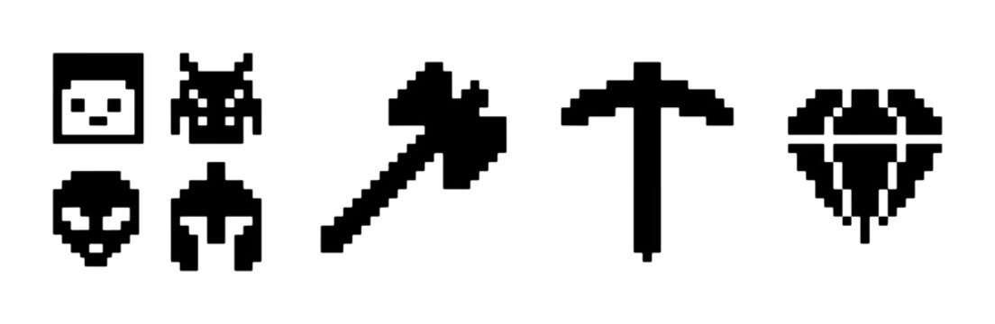 Pixel Art Icons: Character Heads, Axe, Pickaxe, Diamond Gemstone, Retro Gaming Graphics