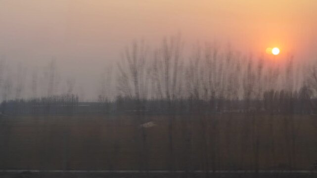 Looking out from train window, sun disk stuck in foggy air, naked trees flick by on foreground, Chinese farm fields seen at countryside. Ride at high speed train from Shanghai to Beijing