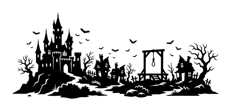 Spooky Halloween Castle Silhouette, Haunted Houses, Gallow, Bats, Creepy Landscape Vector