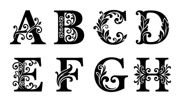 Ornate Alphabet Letters A-H, Decorative Monogram Font, Elegant Floral Typography Vector Set