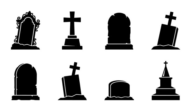 Spooky Halloween Tombstone Icons Set, Gothic Cemetery Gravestone Vector Graphics, Dark Funeral Monument Collection