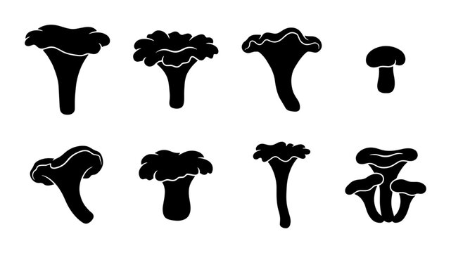 Mushroom Silhouettes, Chanterelle Icons, Edible Fungi Vector Set, Forest Forage Graphics