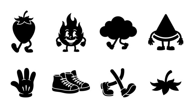 Retro rubber hose cartoon characters, vintage 1930s mascot icons, 8 black vector silhouettes