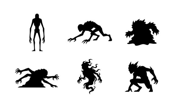 Creepy monster silhouettes set, horror creature character icons, 6 dark fantasy beast vectors